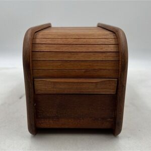 Vtg KALMAR Designs Teak Tambour Roll Top Disk Cassette Storage Box 10.5"x5"x6"